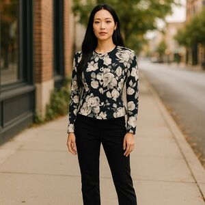 Talbots Floral 100% Pure Merino Wool Button Down Cardigan Sweater Size Medium